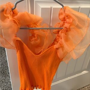 Orange Puff Sleeve Ruffled Tank Top